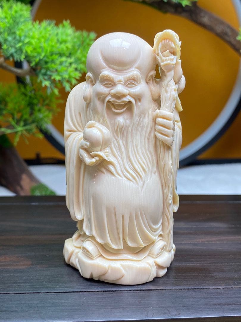 天然マンモス牙美しい手作り彫刻福禄寿置物