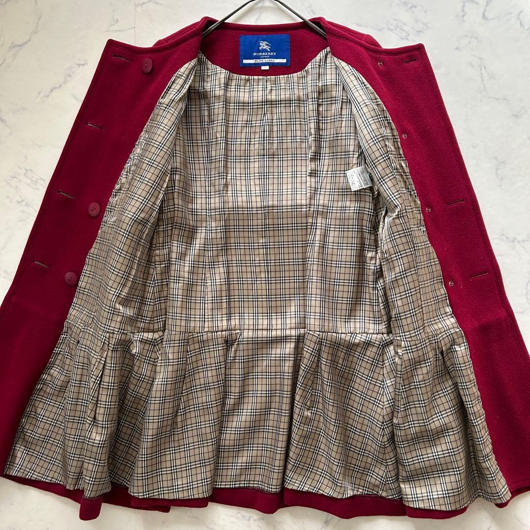 バーバリーブルーレーベル ボルドー ノーカラー コート ダブル ノバチェック