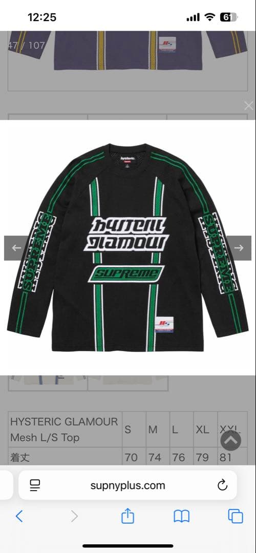hysteric Supreme メッシュ長袖カットソー Sブラック/グリーン