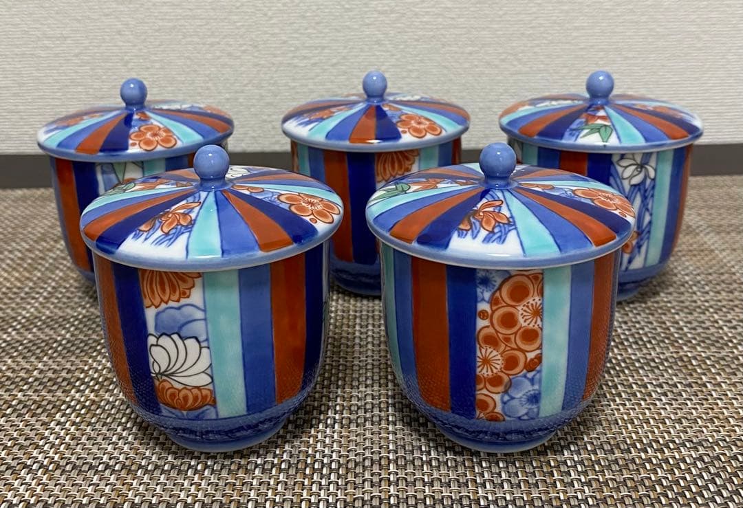 深川製磁　染錦　四君子柄　蓋付煎茶碗 五客セット