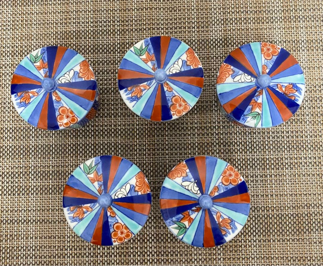 深川製磁　染錦　四君子柄　蓋付煎茶碗 五客セット