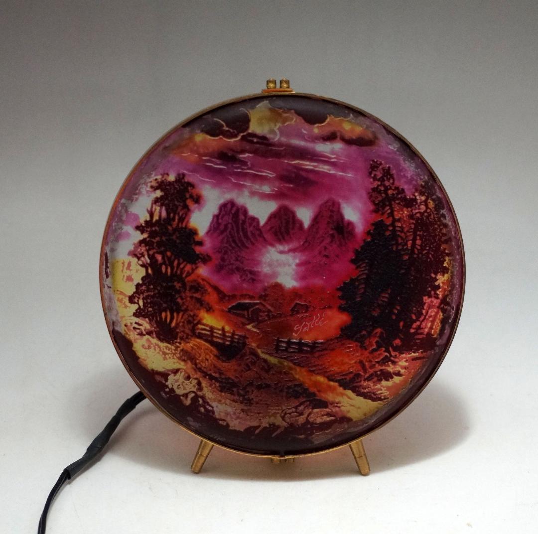 エミールガレ　山景紋 プレート 卓上照明　スタンド　技法カメオ彫 被せガラス