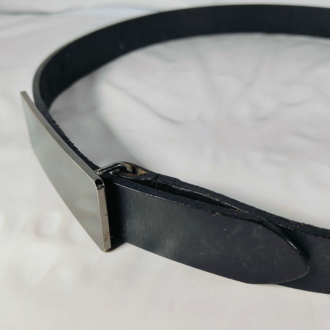 【美品】シルバープレートバックル × ブラックドレスベルト 高級極厚ステアベルト