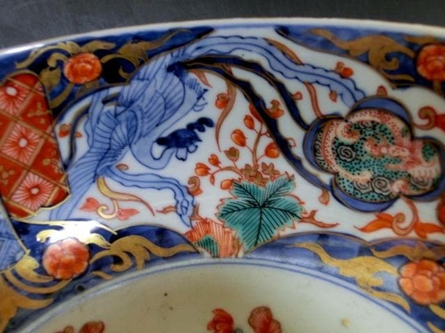 鉢■古伊万里 みごとな大鉢(江戸後期～明治期) 鳳凰紋 窓絵花唐草赤絵 骨董品■