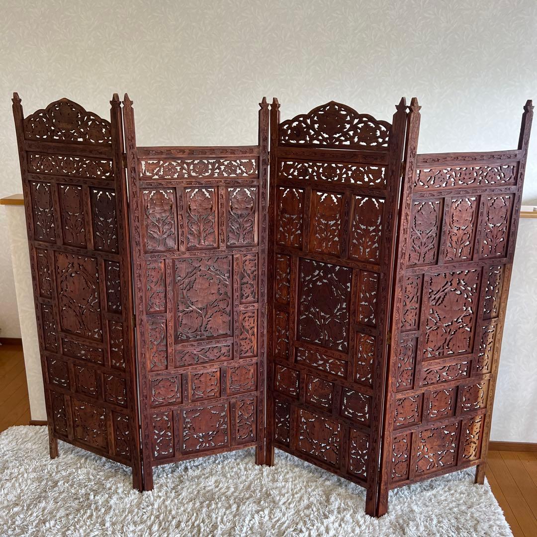 アジアン家具 彫り アンティーク パーテーション 木製 衝立 vintage