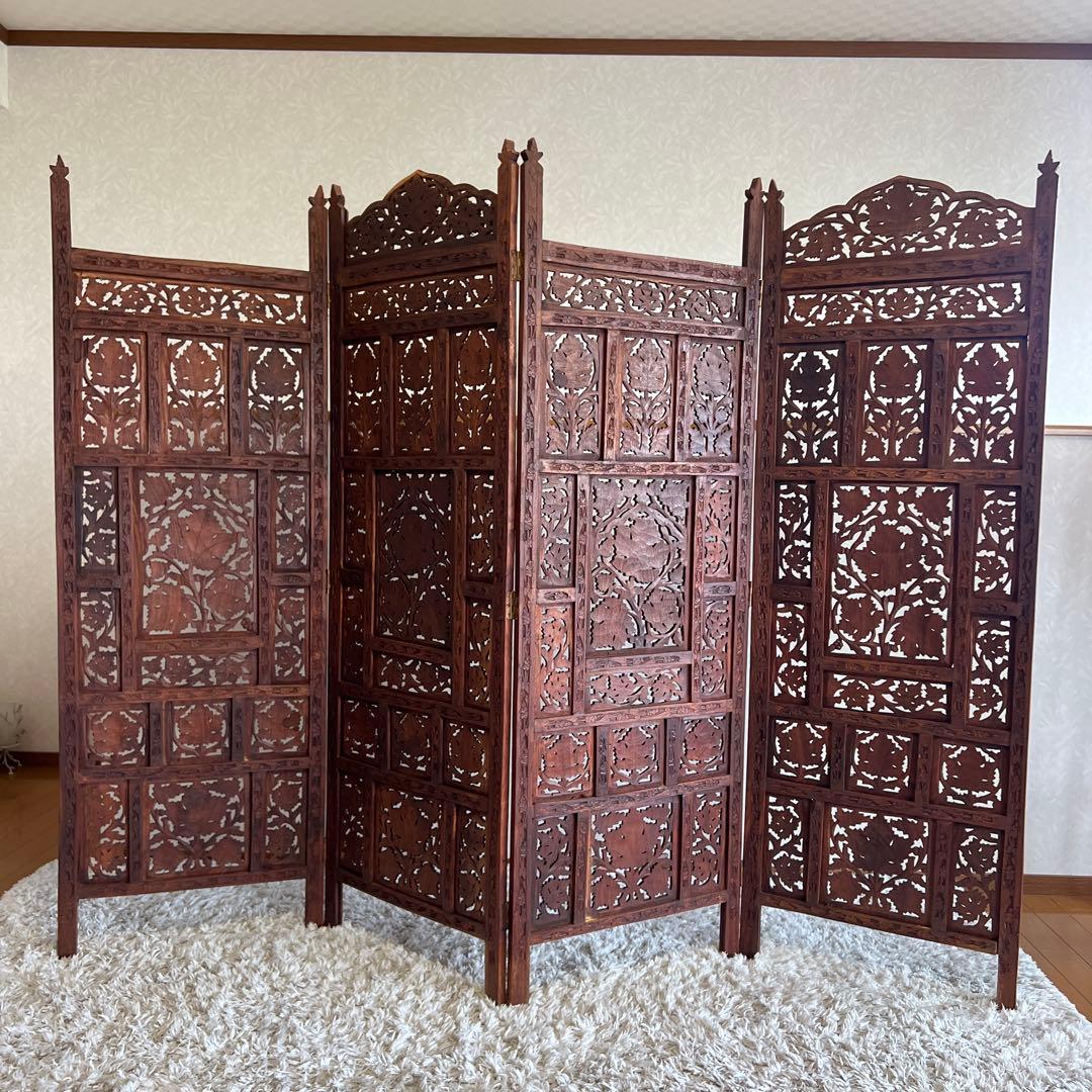 アジアン家具 彫り アンティーク パーテーション 木製 衝立 vintage