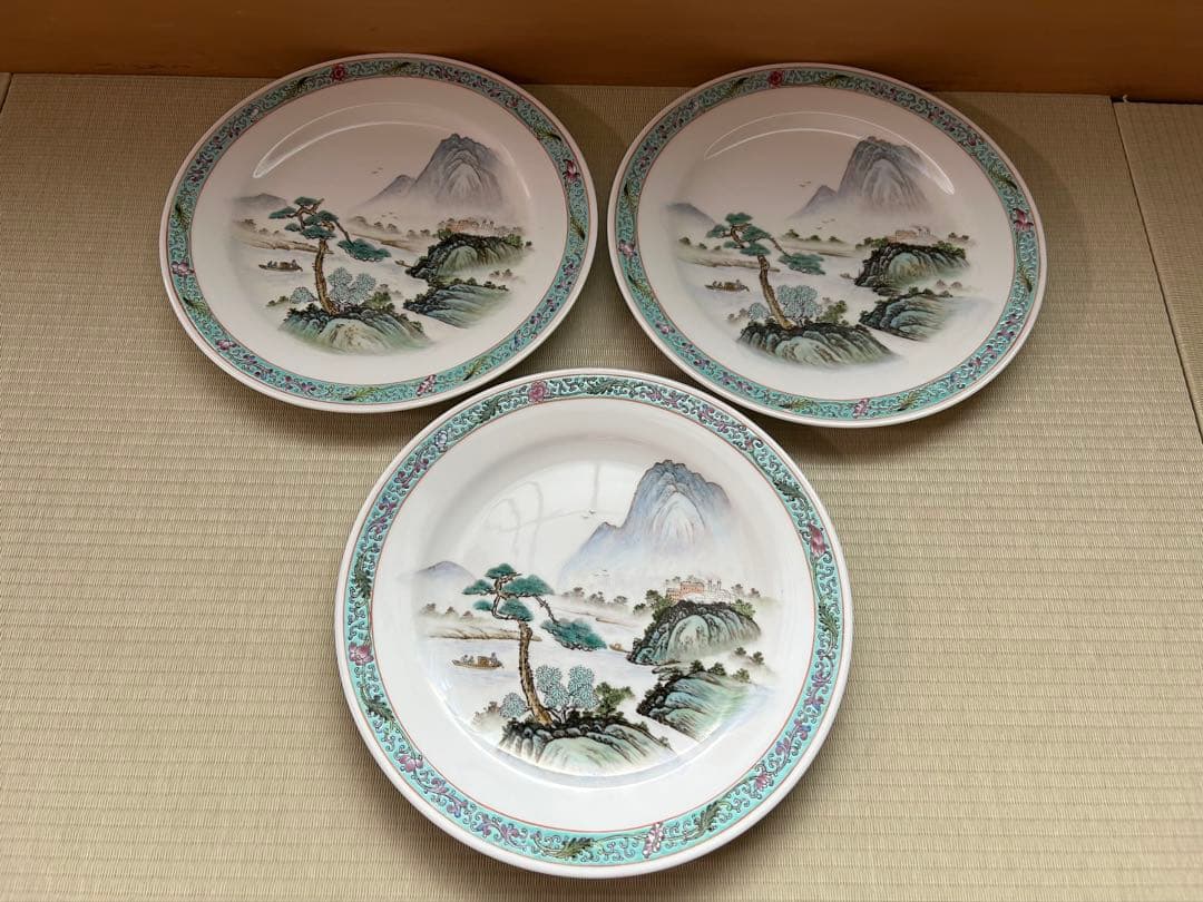 美品◆景徳鎮中華大皿25.5㎝山水画デザインの皿3枚セットプレート