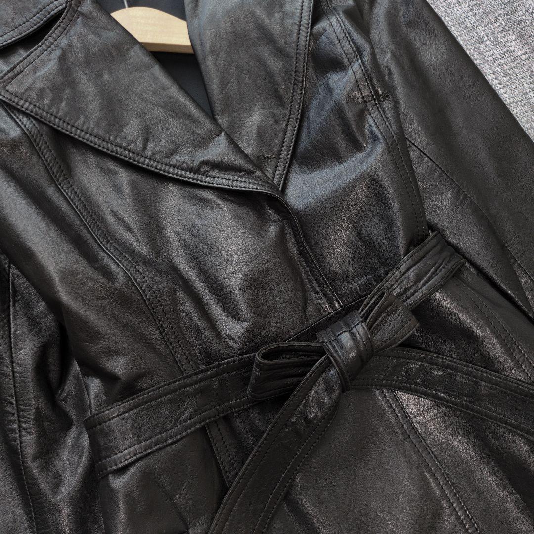 牛革　レディース　ベルト付き　レザーコート　ロング丈　ブラック