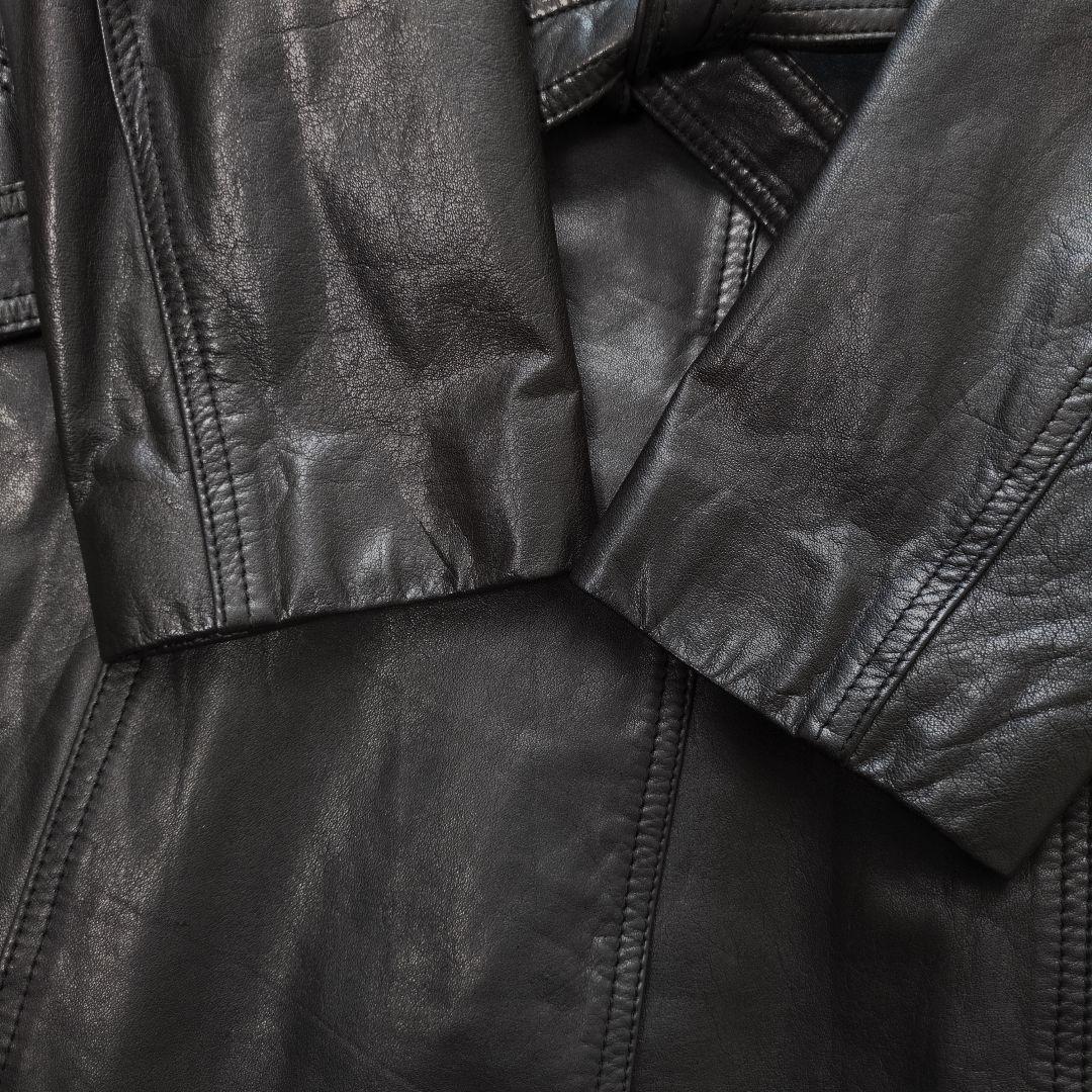 牛革　レディース　ベルト付き　レザーコート　ロング丈　ブラック