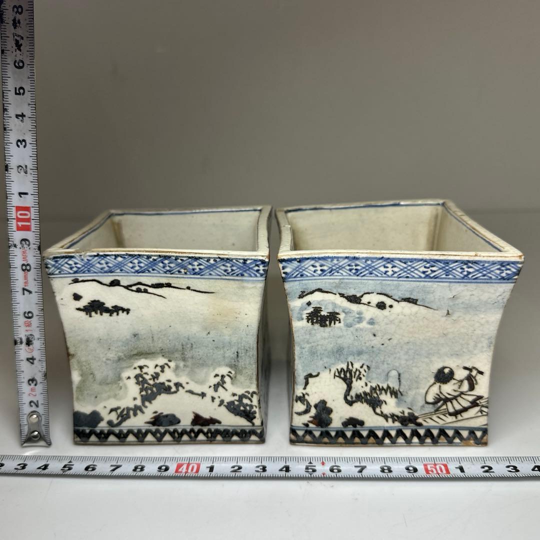 乾山作　雪景山水火入　一対　木箱付　幅約9㎝　本Y7-0414☆1Fトトオカ