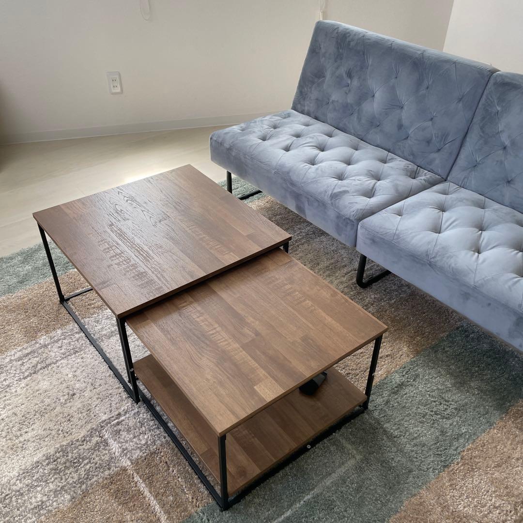 木目調ネストテーブル スチール脚 リビングテーブル ウォルナット/ブラック