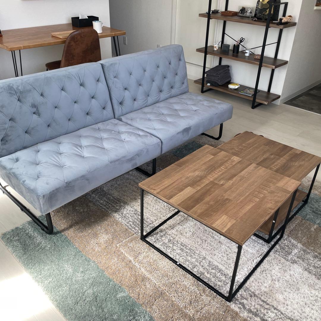 木目調ネストテーブル スチール脚 リビングテーブル ウォルナット/ブラック