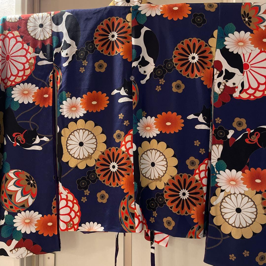 【紫色手毬猫×象牙袴[C5]】卒業式 袴 ちりめん風着物と刺繍入り袴160cm