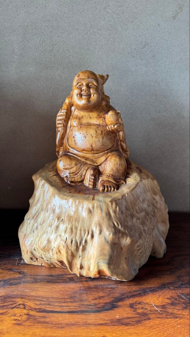 [当時物]布袋様 手彫り 木彫り 天然木 置物 縁起物 インテリア