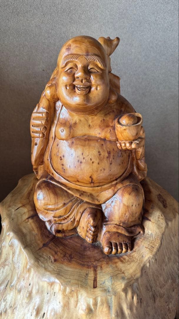 [当時物]布袋様 手彫り 木彫り 天然木 置物 縁起物 インテリア