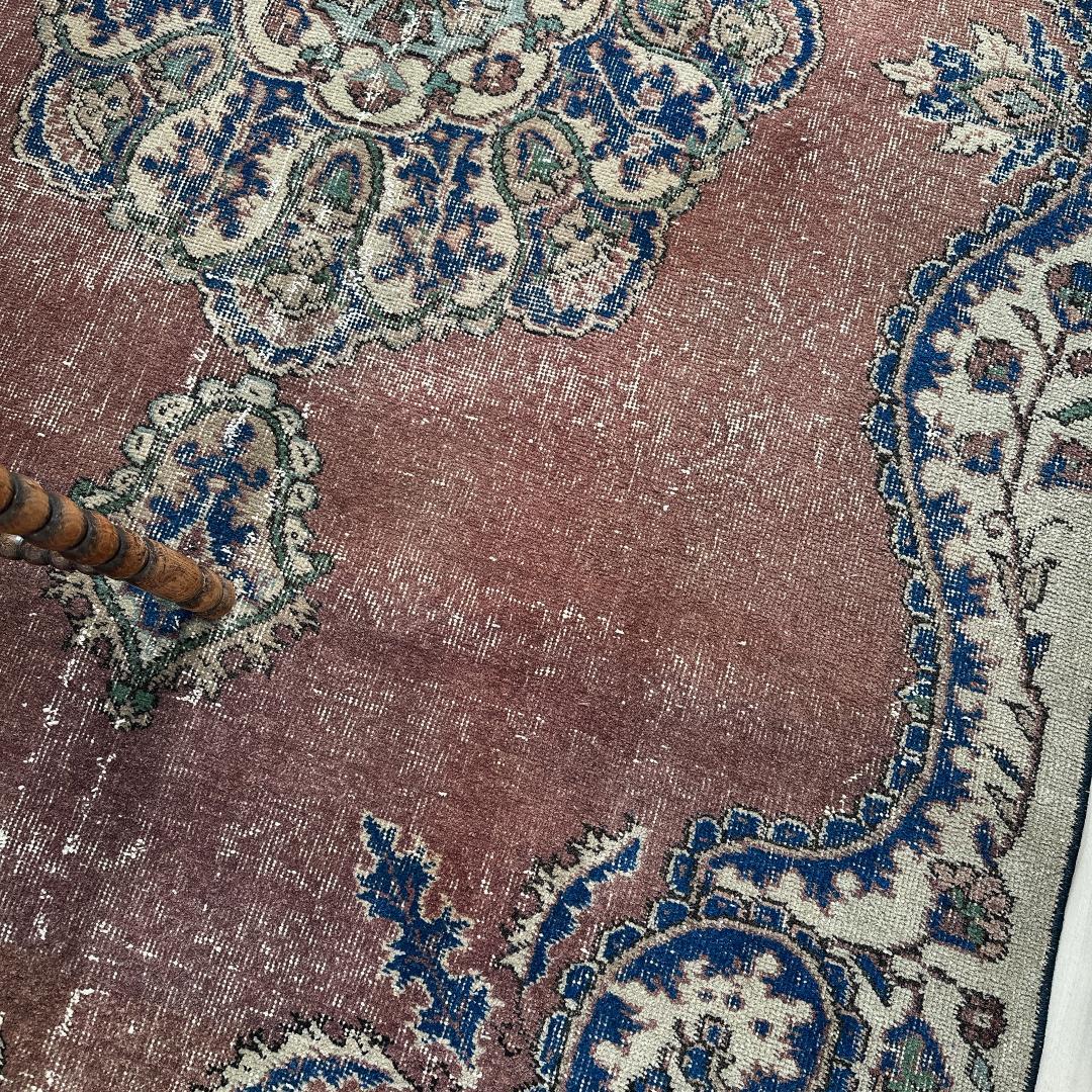 トルコ ヴィンテージラグA99 レア 大判 ローズブラウン ネイビー メダリオン