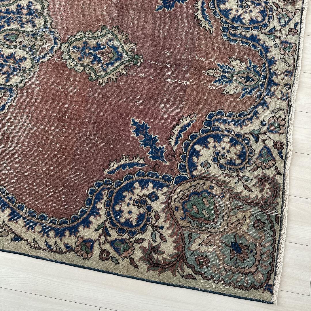 トルコ ヴィンテージラグA99 レア 大判 ローズブラウン ネイビー メダリオン