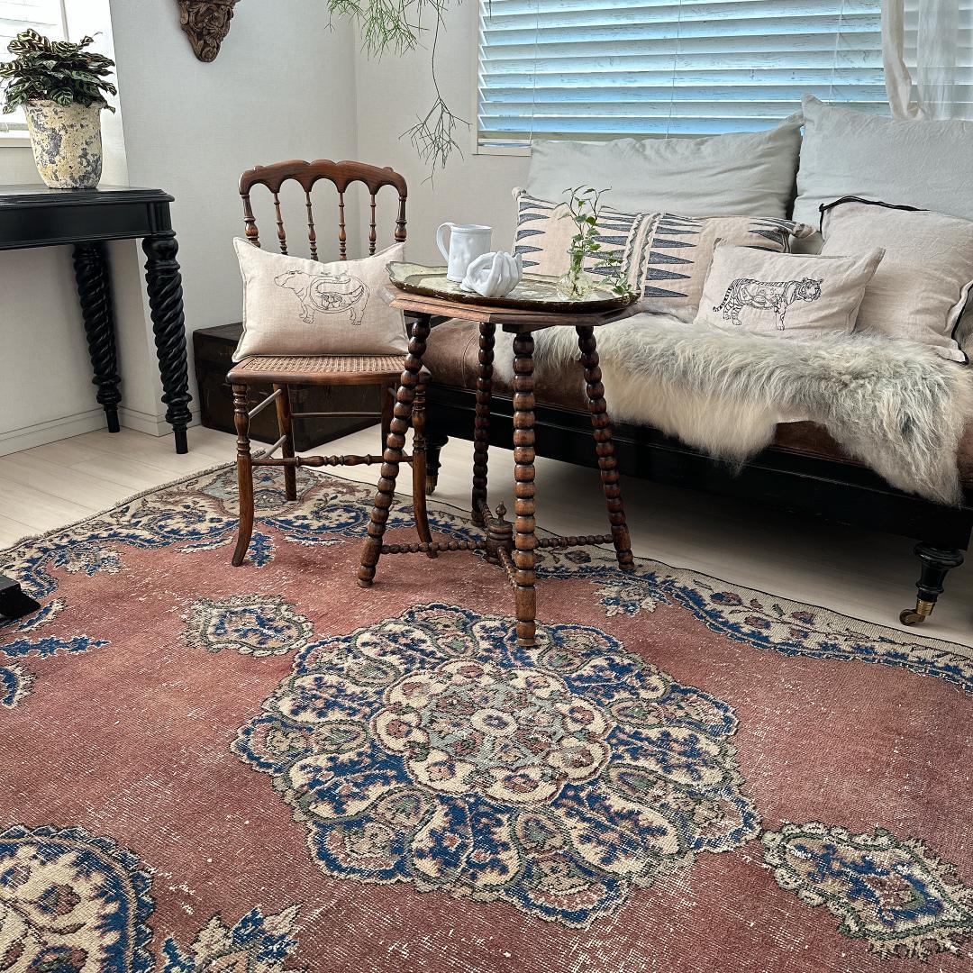 トルコ ヴィンテージラグA99 レア 大判 ローズブラウン ネイビー メダリオン