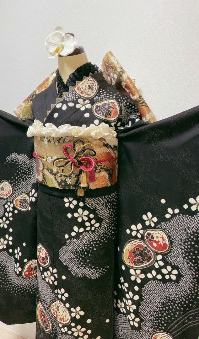 美品　振袖フルセット　黒　絞り　正絹 成人式　振袖6点セット