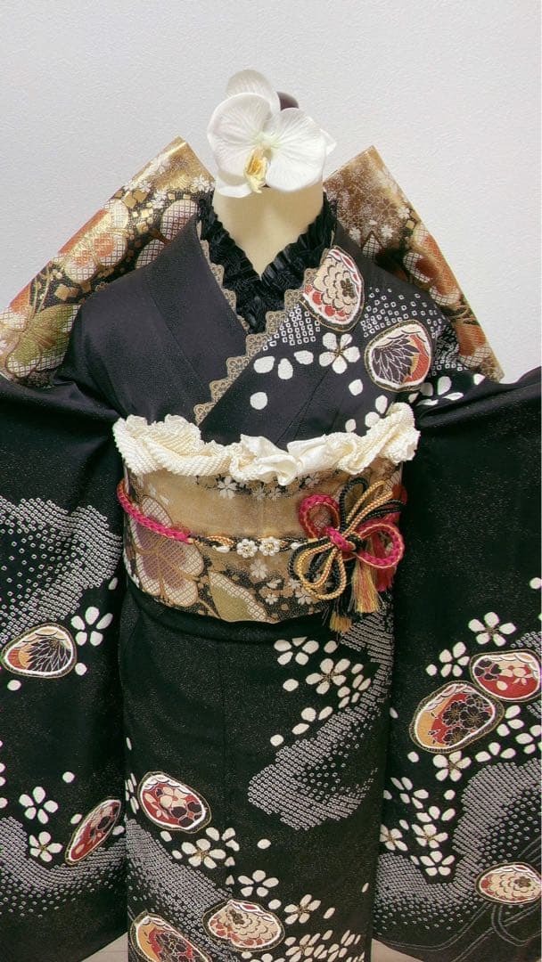 美品　振袖フルセット　黒　絞り　正絹 成人式　振袖6点セット
