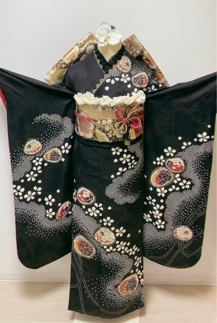 美品　振袖フルセット　黒　絞り　正絹 成人式　振袖6点セット