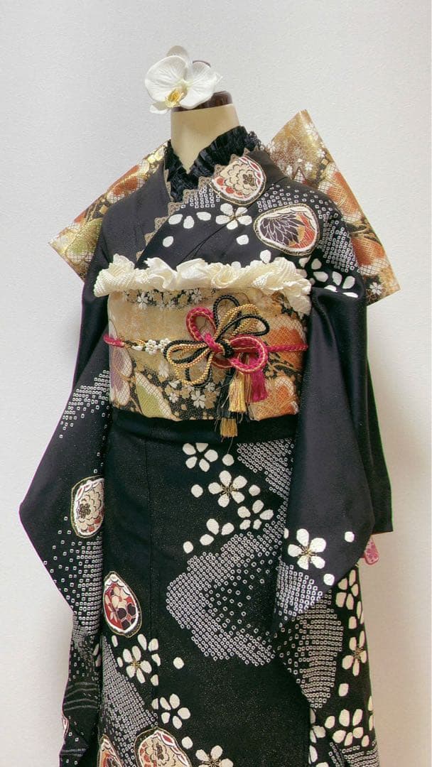 美品　振袖フルセット　黒　絞り　正絹 成人式　振袖6点セット