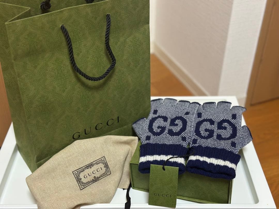 新品GUCCI カシミア フィンガーレス手袋　ネイビー　Mサイズ