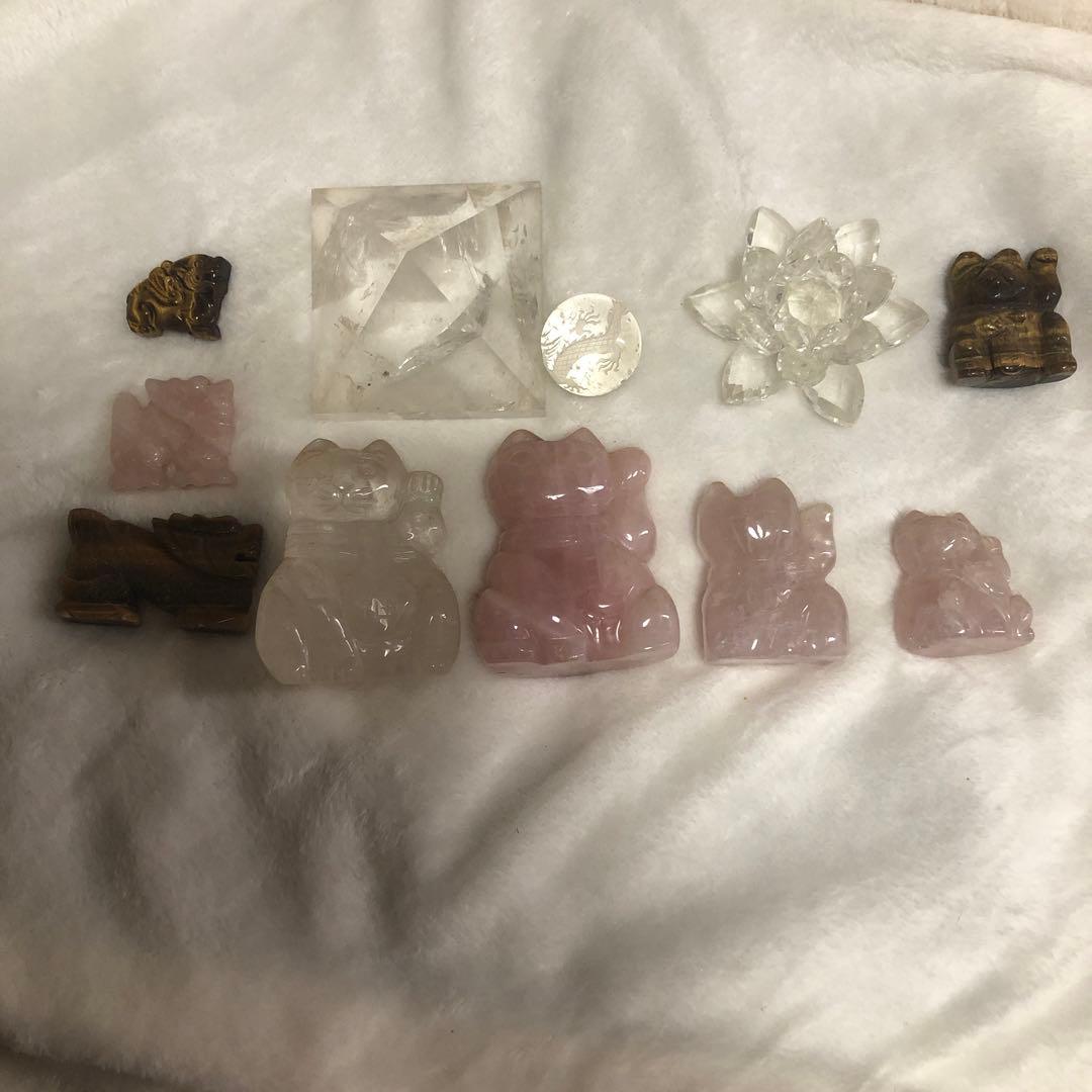 招き猫　タイガーアイ　ローズクォーツ・クリスタル置物セット　まとめ売り