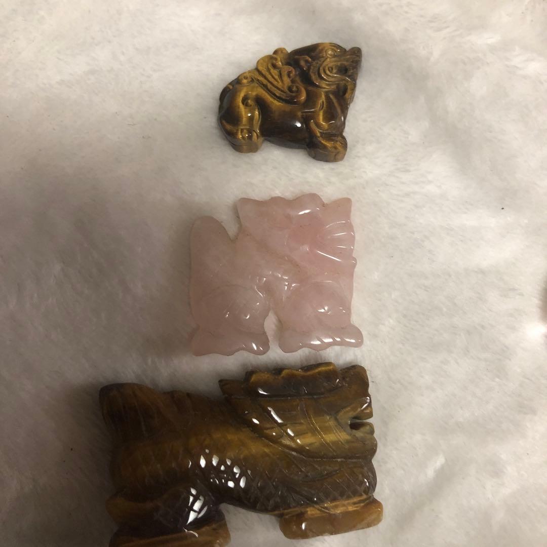 招き猫　タイガーアイ　ローズクォーツ・クリスタル置物セット　まとめ売り