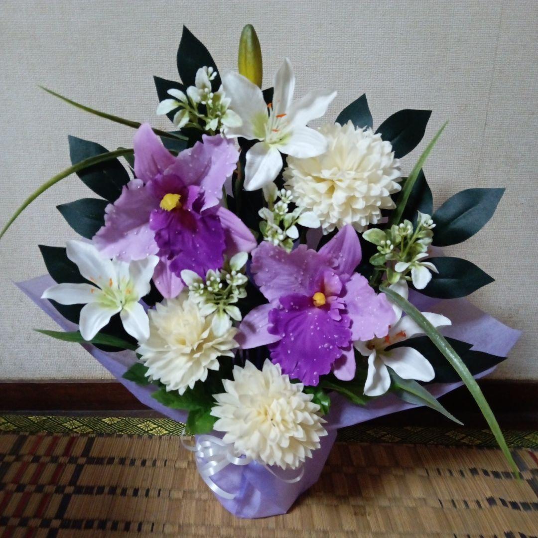 仏花、御供え花、造花アレンジカトレア