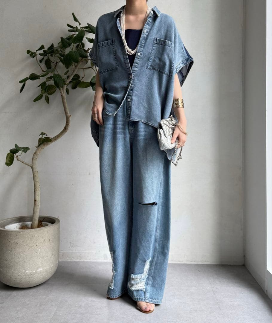 DOUDOU リヨセル デニム バック切替 シャツ ドッキング トップス