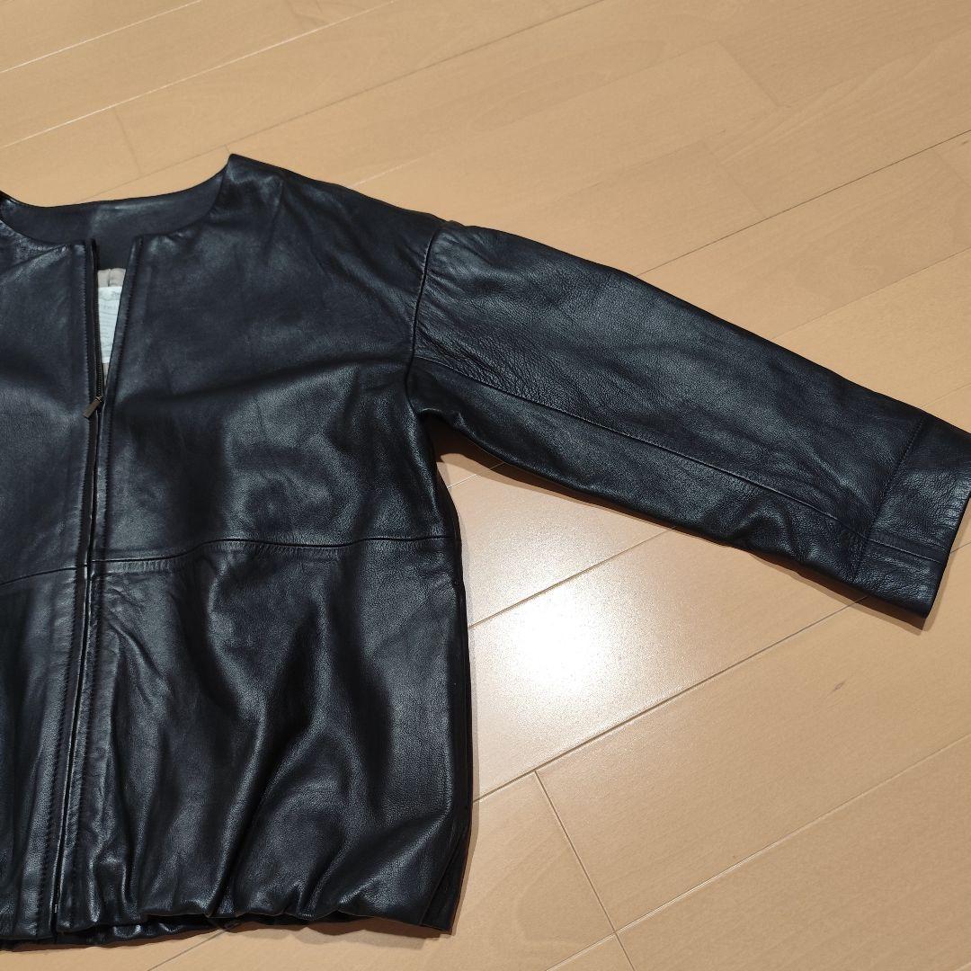 美品ビアズリー BEARDSLEY ラムレザー ジップアップ ノーカラーブルゾン