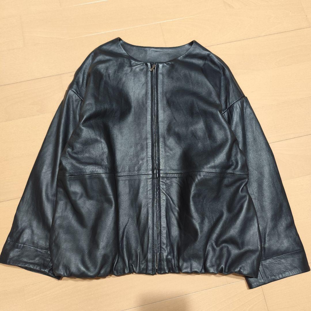 美品ビアズリー BEARDSLEY ラムレザー ジップアップ ノーカラーブルゾン