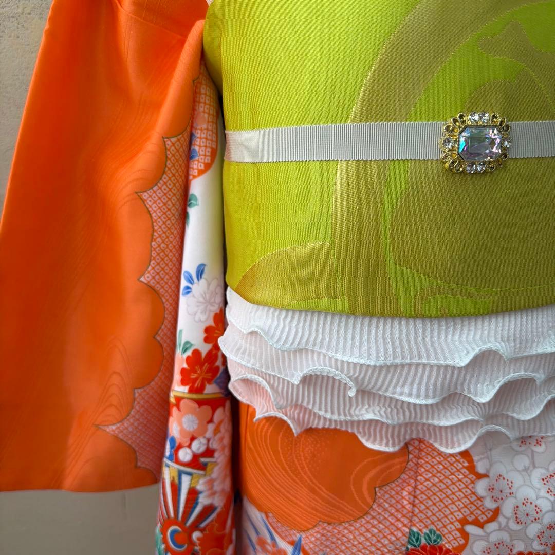 No.k006七五三 7歳 着物 フルセット オレンジ可愛い系※シミあり