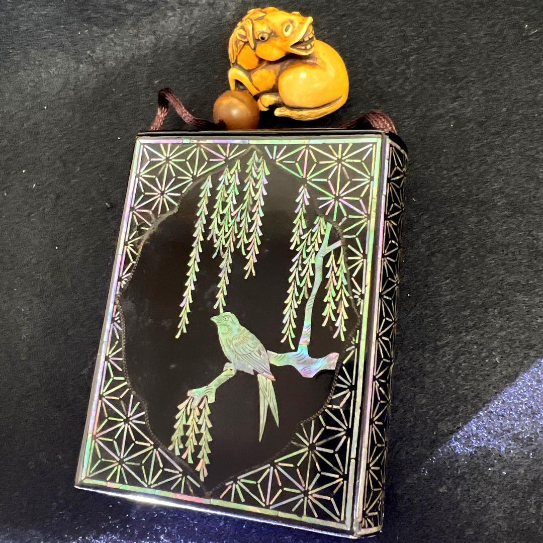 江戸時代　極上螺鈿花鳥図提物、極上馬根付　66g 東Y8-0122☆2Fトニサ