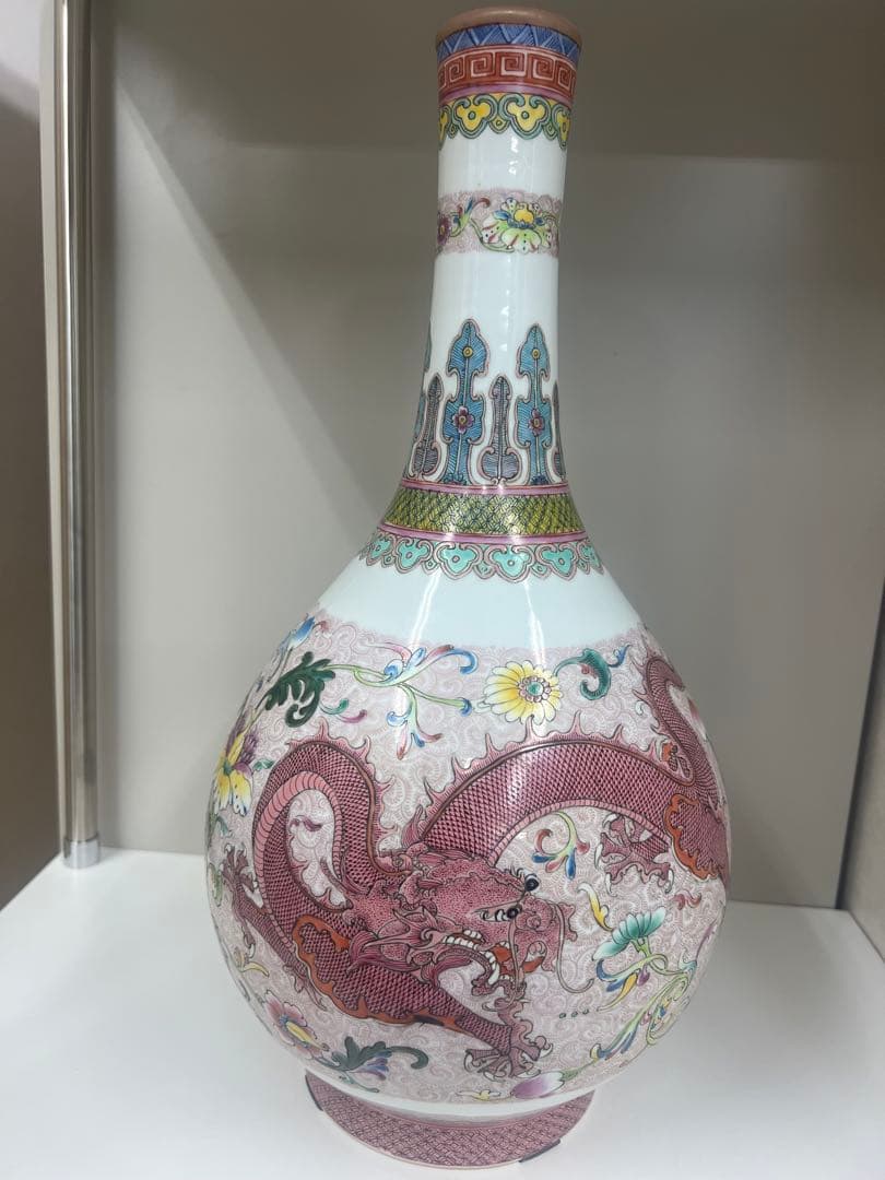 中国乾隆年製長頸瓶骨董唐物アンティーク古美術江戸青磁手描きドラゴン模様の陶器瓶