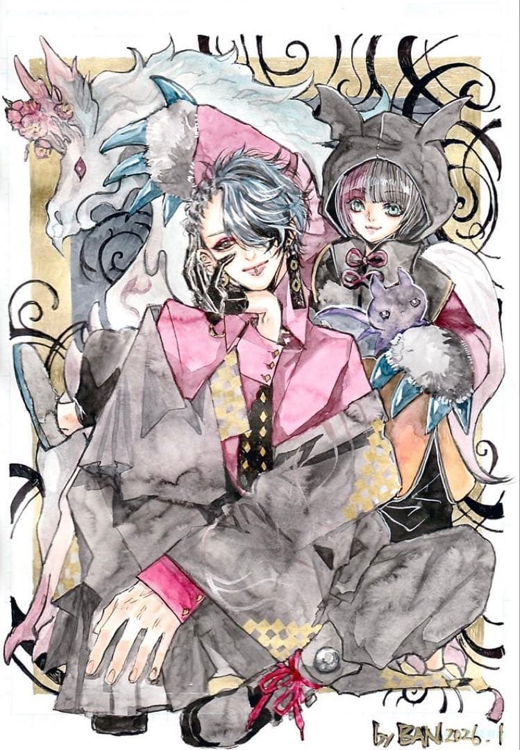 B5サイズ オリジナルイラスト 原画 創作男子 梅 水彩 アナログ絵 2枚セット