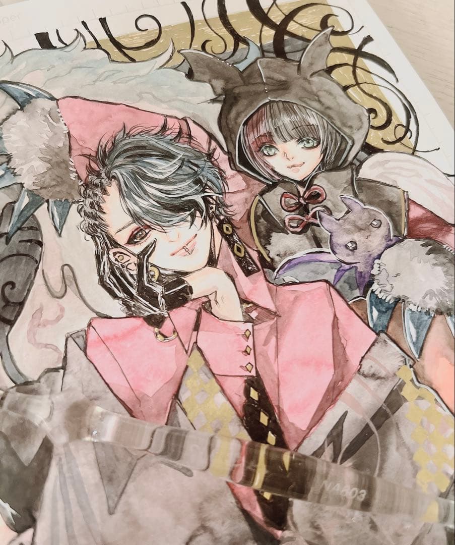 B5サイズ オリジナルイラスト 原画 創作男子 梅 水彩 アナログ絵 2枚セット