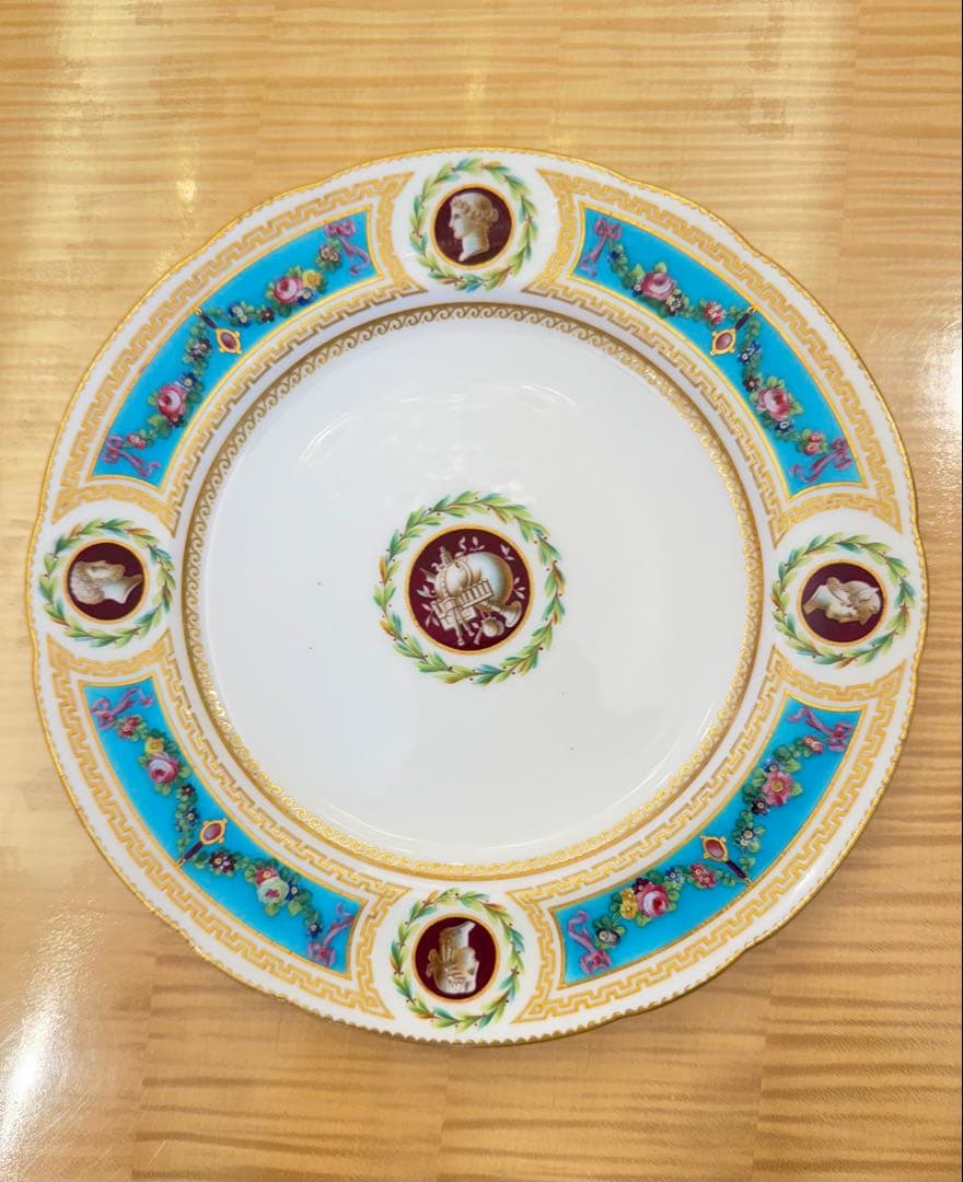 ミントン 1860年頃 金彩トルコ石ブルー花のガーランド プレート　ターコイズ