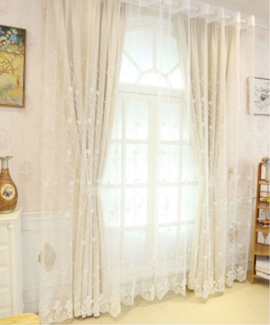 二層一体カーテン　刺繍　可愛い　ホワイト　アジャスター用