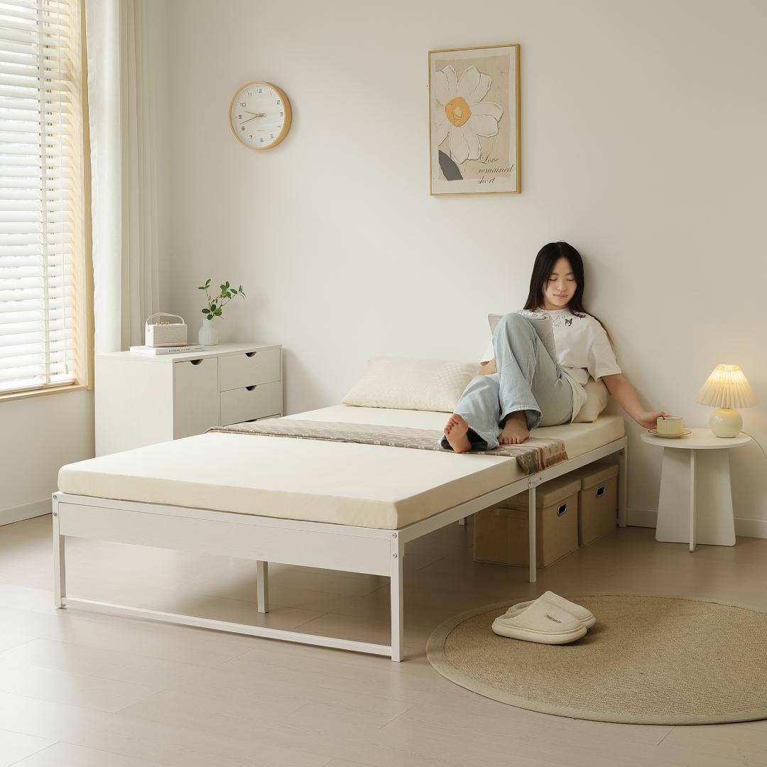 【D・ダブル】ベッドフレーム 木製×スチール パイプ オシャレ　WHITE