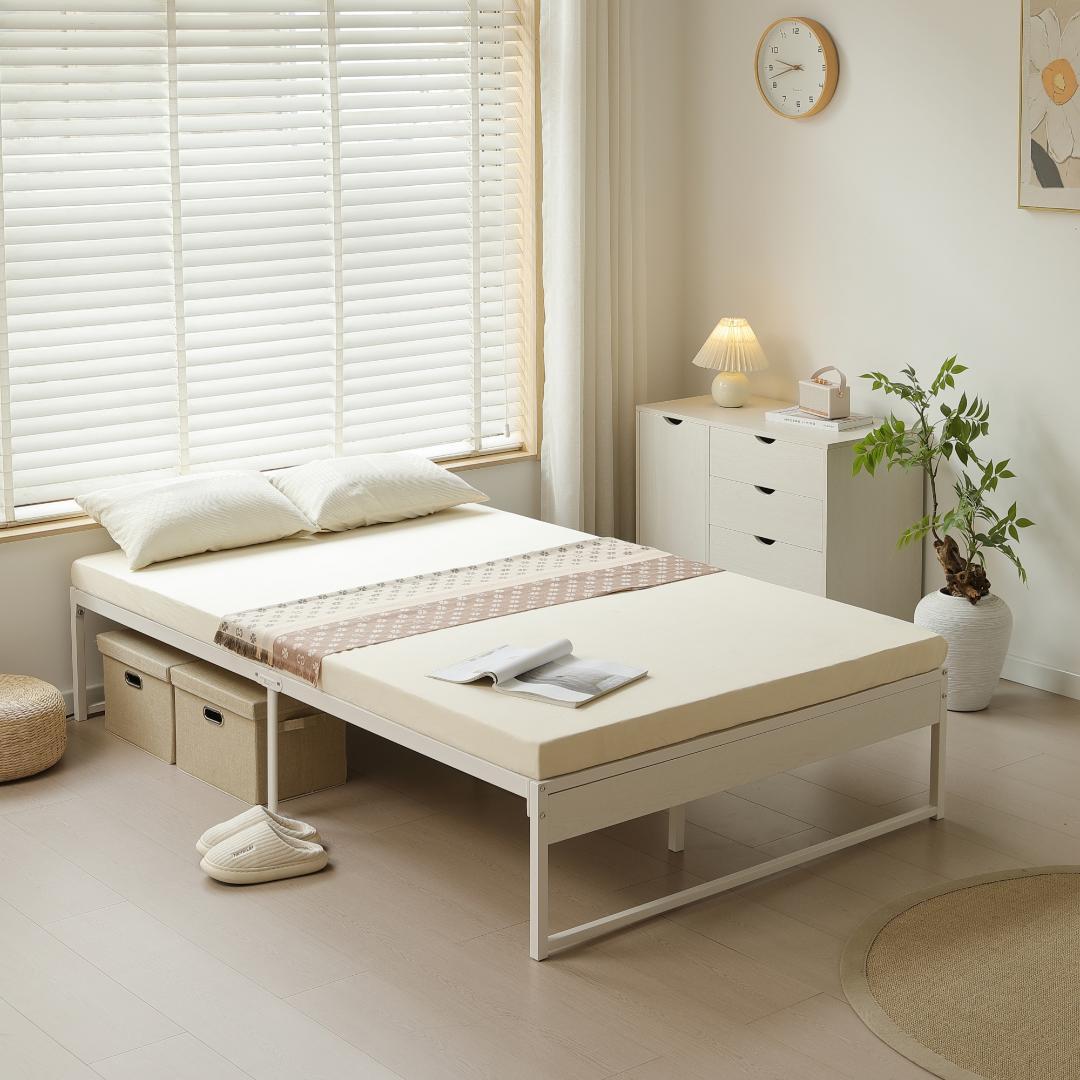 【D・ダブル】ベッドフレーム 木製×スチール パイプ オシャレ　WHITE