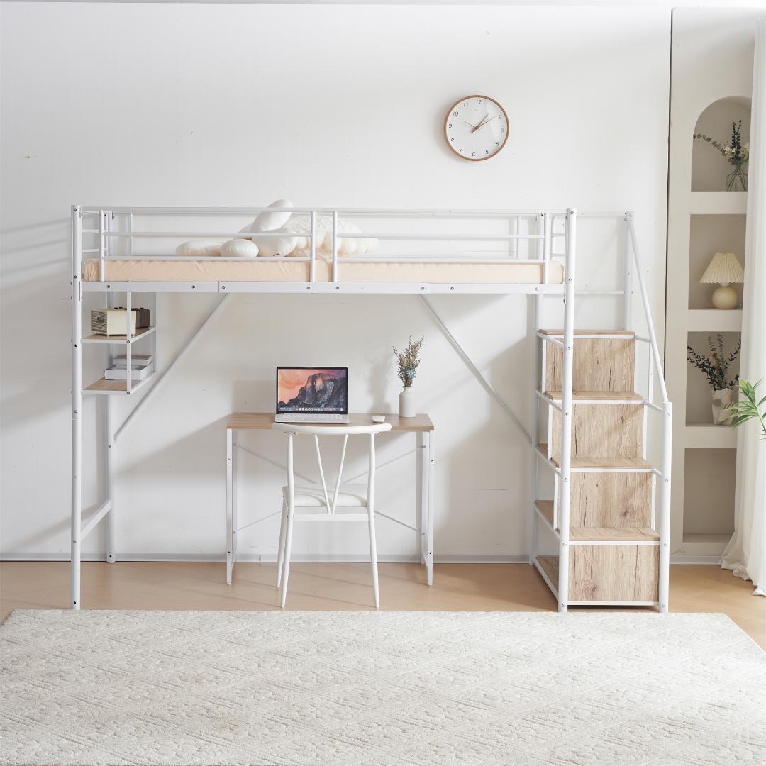 新作 ホワイト　ロフトベッド 片側手すり付き 収納付き パイプベッド