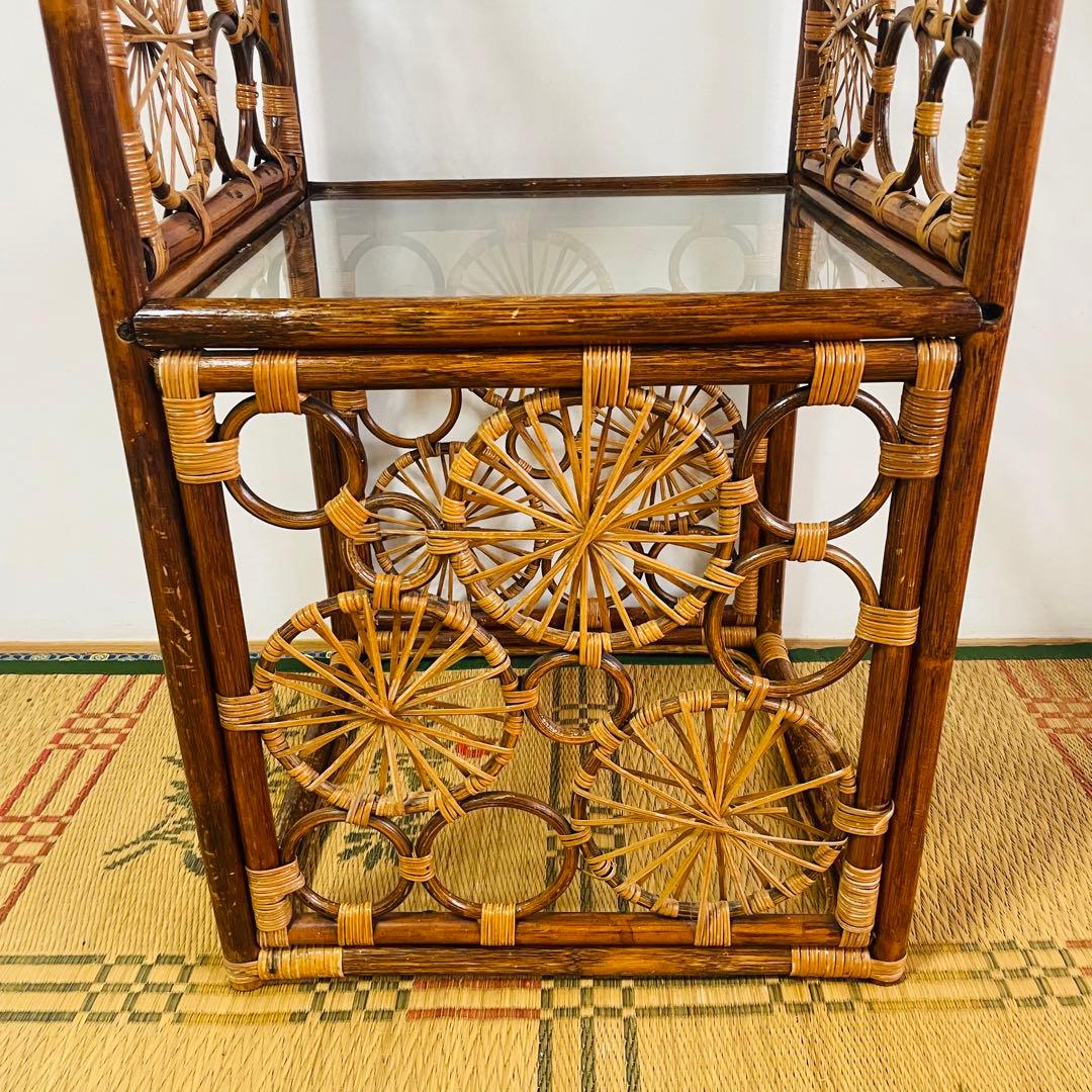昭和レトロ ラタン 籐 ガラス 飾り棚 チェスト ヴィンテージ アンティーク