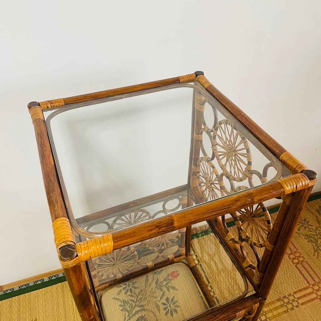 昭和レトロ ラタン 籐 ガラス 飾り棚 チェスト ヴィンテージ アンティーク