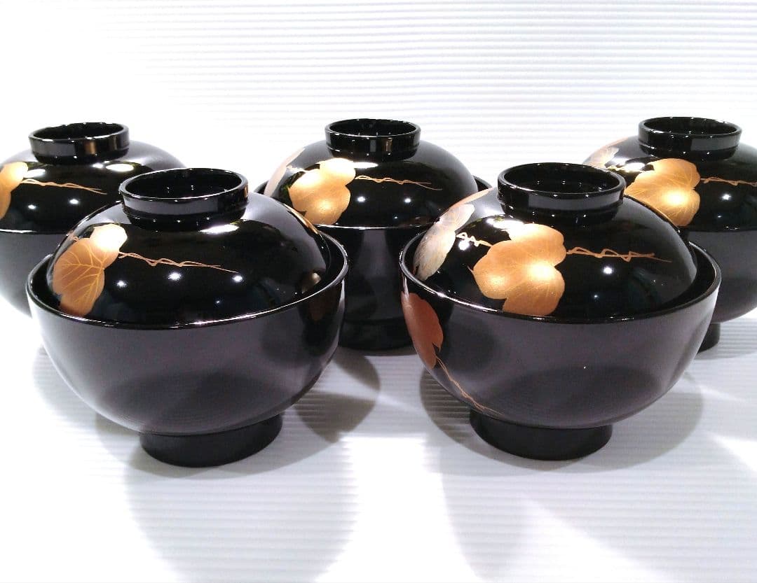 高級 山中漆器 吸椀 木硬 蓋付き 汁椀 黒金 金箔 金蒔絵 漆器 5客揃