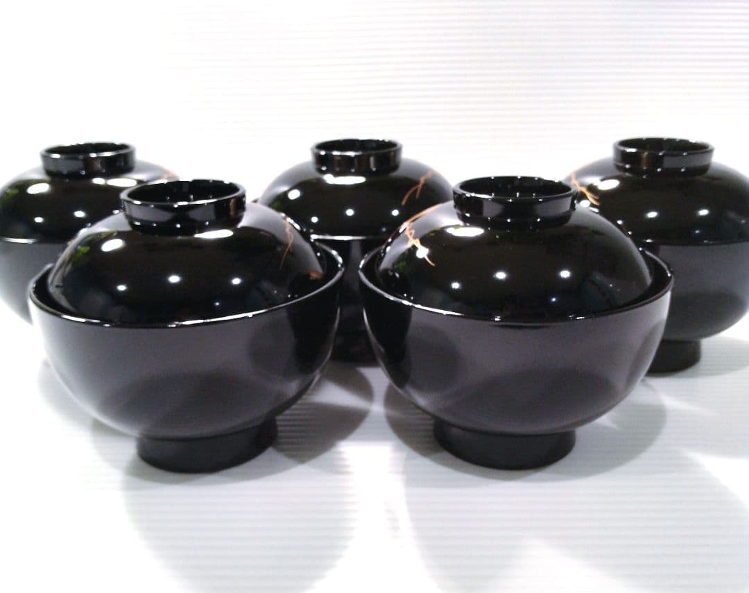 高級 山中漆器 吸椀 木硬 蓋付き 汁椀 黒金 金箔 金蒔絵 漆器 5客揃