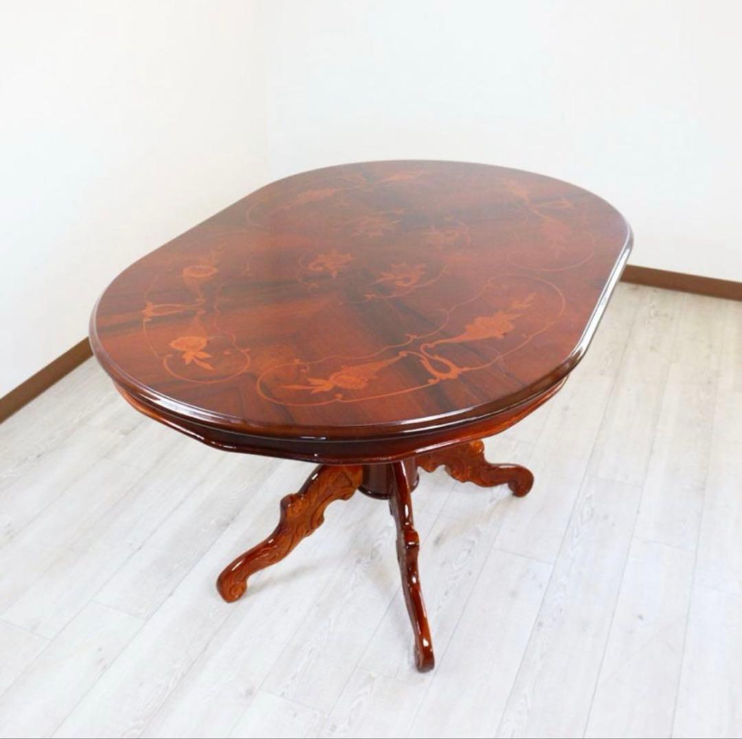 イタリア ダイニングテーブル 135cm 楕円形 象嵌 アッティカ 木製 猫脚