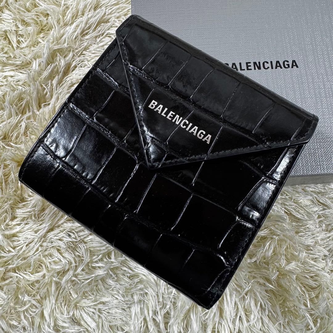 大人気✨バレンシアガ　三つ折り財布　クロコ　黒　エブリデイ　現行ロゴ　レザー