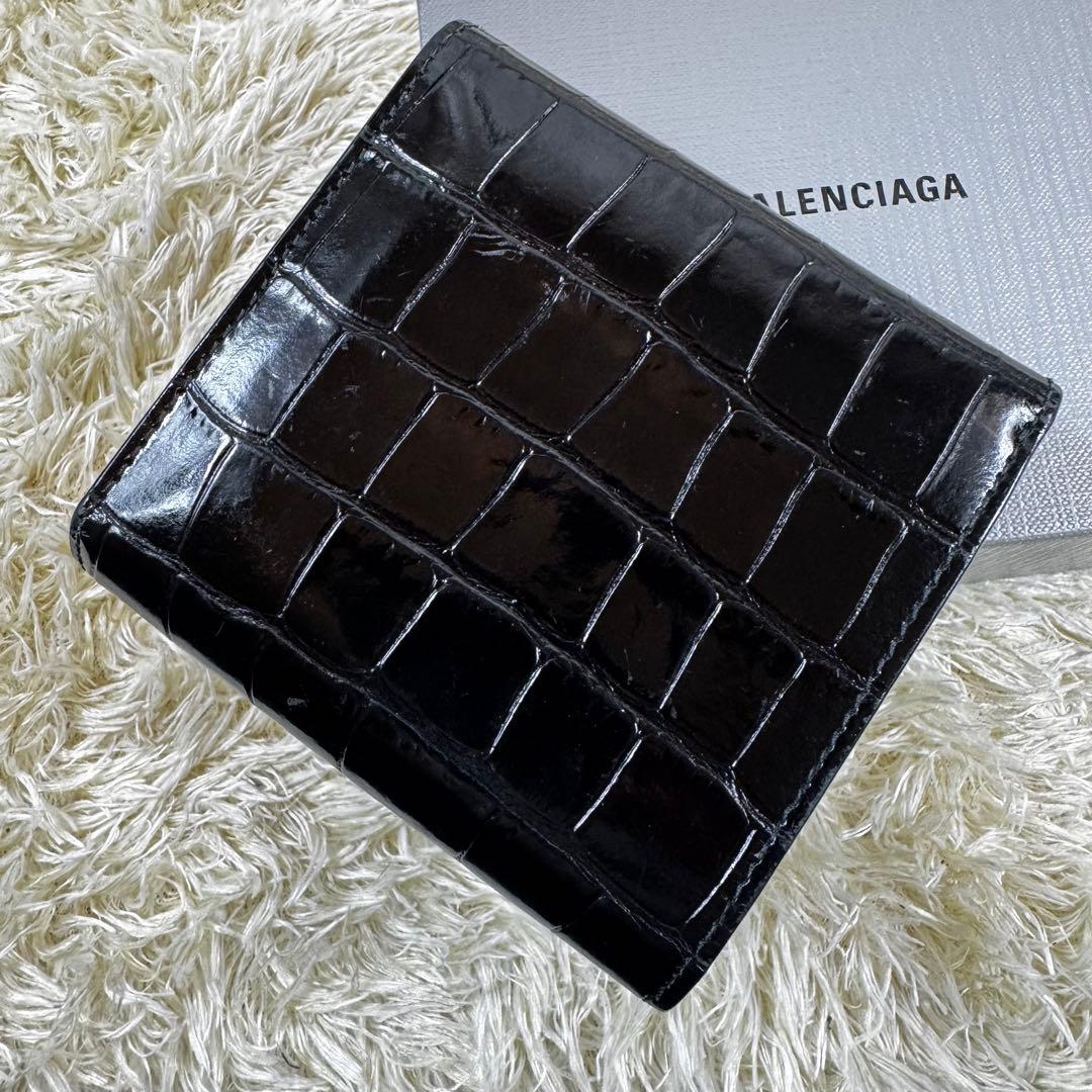 大人気✨バレンシアガ　三つ折り財布　クロコ　黒　エブリデイ　現行ロゴ　レザー